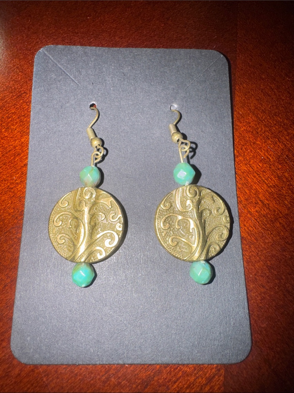 Teal Bead Antique Gold Filigree Drop Earrings
